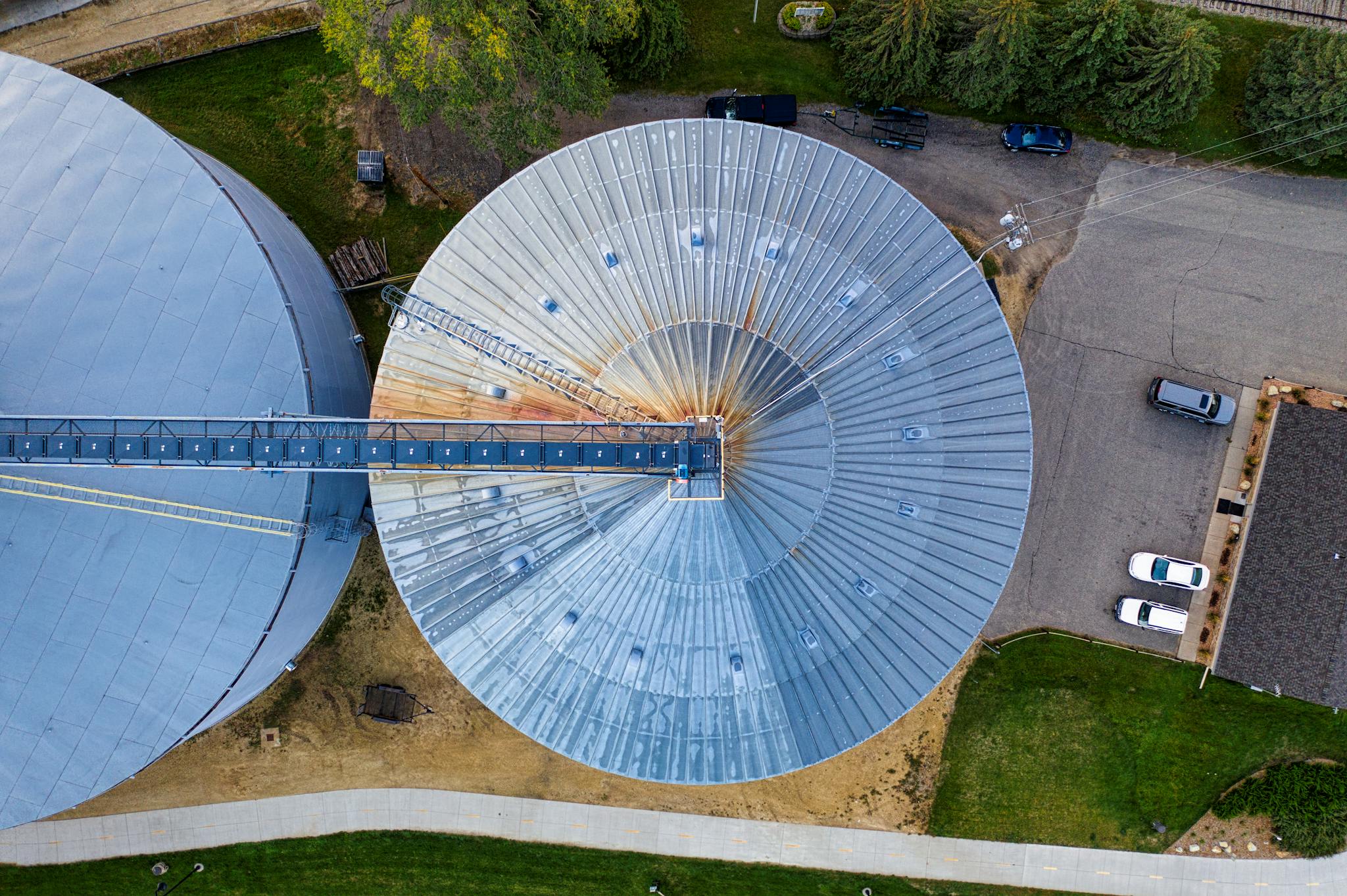 A bird's eye view of two large silos in an industrial area in Red Wing, Minnesota.